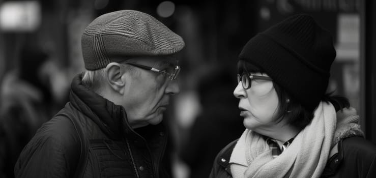 Intimate moment between two people in deep conversation on the city street, black and white