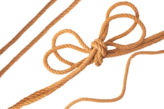 Collection ropes. Closeup of figure eight node from two brown ropes and other set of Navy and angler or sailors knot.