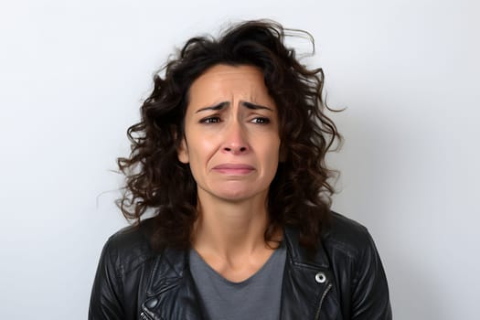 Crying adult Latin American woman, head and shoulders portrait on white background. Neural network generated photorealistic image. Not based on any actual person or scene.