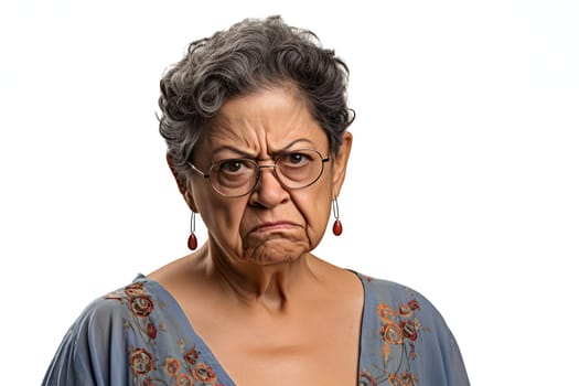 skeptic scowl senior Latin American woman, head and shoulders portrait on white background. Neural network generated image. Not based on any actual person or scene.