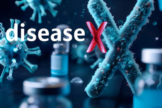 Disease X concept with coronavirus and lab bottles on the table. Neural network generated image. Not based on any actual scene or pattern.