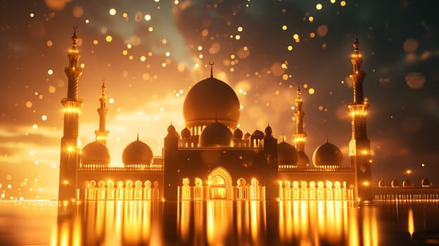 Ramadan mosque at golden dusk background. Neural network generated in January 2024. Not based on any actual scene or pattern.