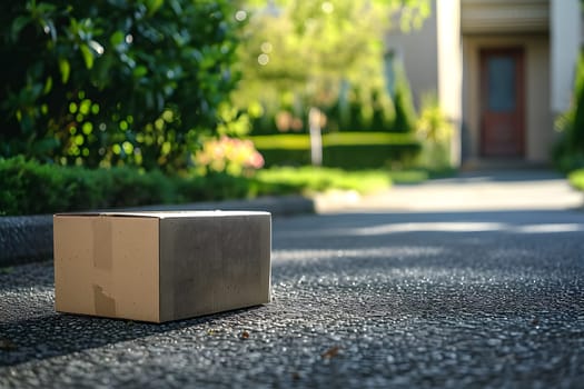 Cardboard box in front of residential home entrance at sunny day. Neural network generated image. Not based on any actual person or scene.