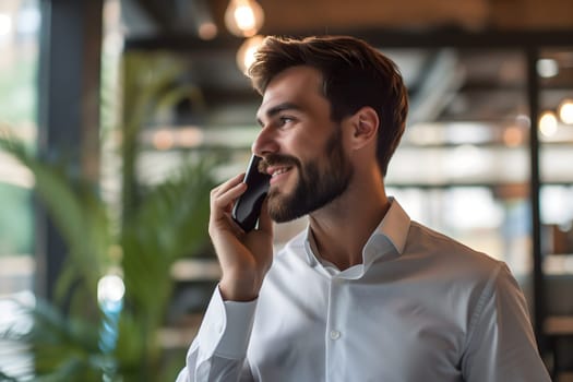 Young adult Caucasian business man answering to mobile phone call. Neural network generated image. Not based on any actual person or scene.