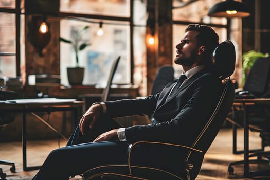 Businessman seated in his chair and thinking.. Neural network generated image. Not based on any actual person or scene.