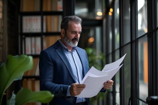 Busy middle aged executive manager with white beard holding document. Neural network generated image. Not based on any actual person or scene.
