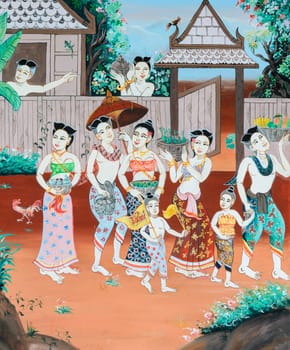 LOEI ,THAILAND - OCTOBER 28, 2015 : Thai mural painting of Thai Buddhist New Year festival in the past on temple wall at Wat Sri Kun Muang in Loei, Thailand.