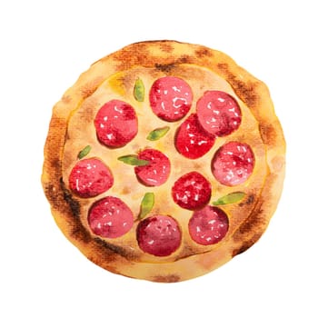 Pizza pepperoni. Watercolor hand drawn illustration isolated on white background.