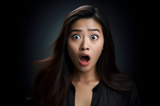 Surprised Asian young adult woman on black background. Neural network generated image. Not based on any actual person or scene.