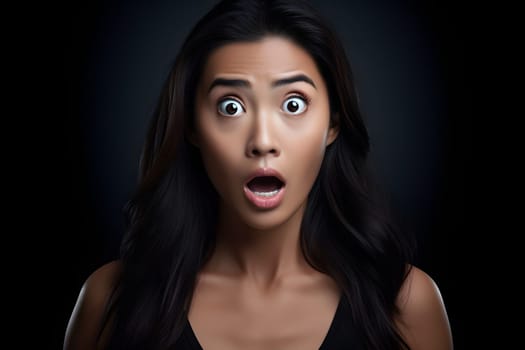 Surprised Asian young adult woman on black background. Neural network generated image. Not based on any actual person or scene.