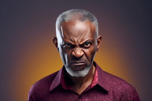 angry African American man in purple shirt, head and shoulders portrait on orange background. Neural network generated image. Not based on any actual person or scene.