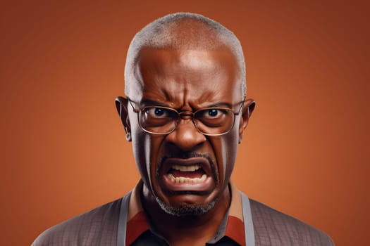 Angry mature African American man with glasses yelling, head and shoulders portrait on orange background. Neural network generated image. Not based on any actual person or scene.