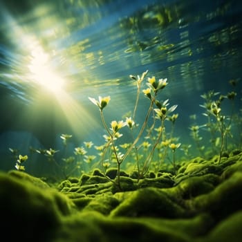 Blue carbon sinks. Natural carbon sinks capture emissions. Underwater plant role in carbon sequestration. Underwater forest carbon dioxide capture. Oceanic Ecosystem. Seafloor serenity. Generative AI.