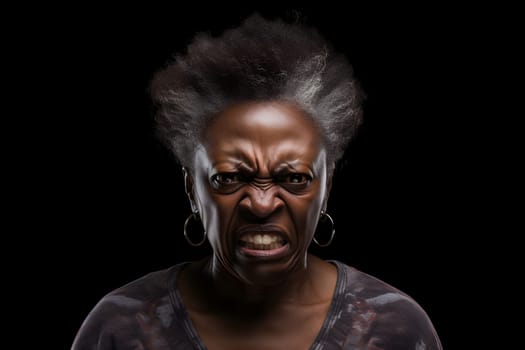 Angry senior African American woman, head and shoulders portrait on black background. Neural network generated image. Not based on any actual person or scene.