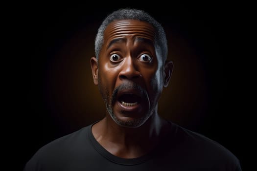 Surprised African American man on black background. Neural network generated image. Not based on any actual person or scene.