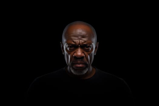 serious adult African American man, head and shoulders portrait on black background. Neural network generated image. Not based on any actual person or scene.