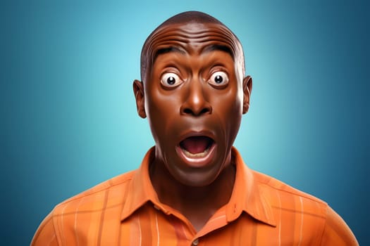 surprised African American man, head and shoulders portrait on blue background. Neural network generated image. Not based on any actual person or scene.