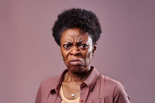 mature African American woman with disgusted emotion, head and shoulders portrait on light magenta background. Neural network generated image. Not based on any actual person or scene.