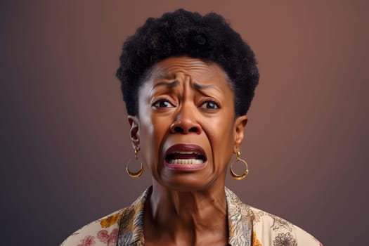 Angry senior African American woman screaming, head and shoulders portrait on brown background. Neural network generated image. Not based on any actual person or scene.