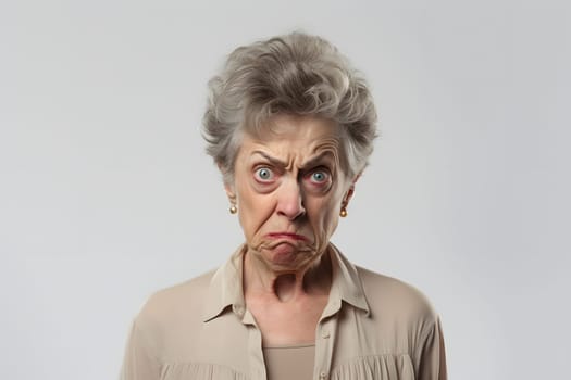 Angry and disgusted senior Caucasian woman, head and shoulders portrait on white background. Neural network generated image. Not based on any actual person or scene.