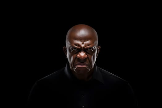 angry adult African American man, head and shoulders portrait on black background. Neural network generated image. Not based on any actual person or scene.