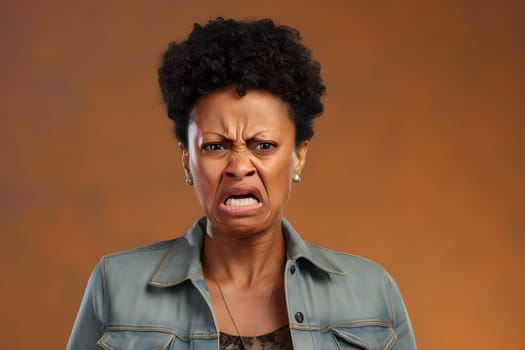 mature African American woman with disgusted emotion, head and shoulders portrait on orange background. Neural network generated image. Not based on any actual person or scene.