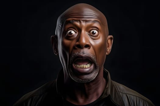 Surprised and scared bald African American man on black background. Neural network generated image. Not based on any actual person or scene.