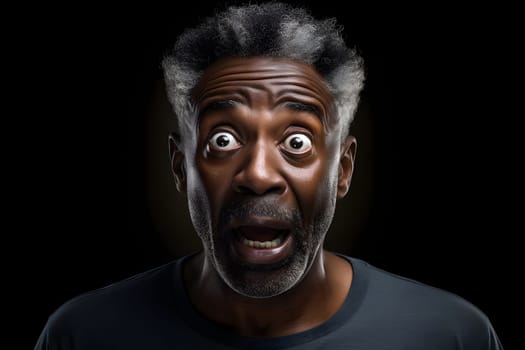 Surprised African American man on black background. Neural network generated image. Not based on any actual person or scene.