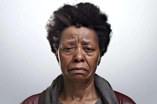 Crying senior African American woman, head and shoulders portrait on light grey background. Neural network generated image. Not based on any actual person or scene.