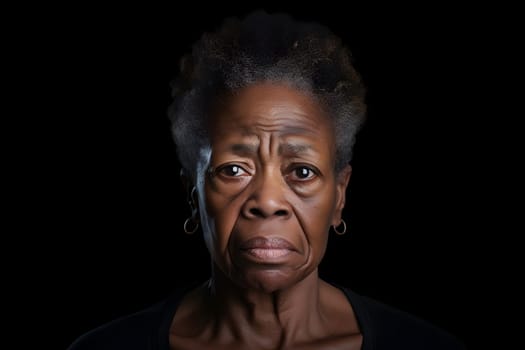 Grim senior African American woman, head and shoulders portrait on black background. Neural network generated image. Not based on any actual person or scene.