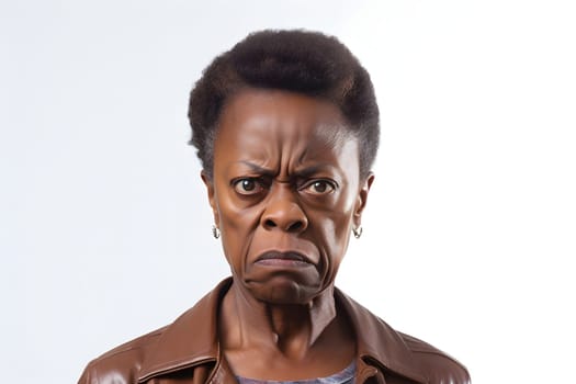 Angry and disgusted senior African American woman, head and shoulders portrait on white background. Neural network generated image. Not based on any actual person or scene.