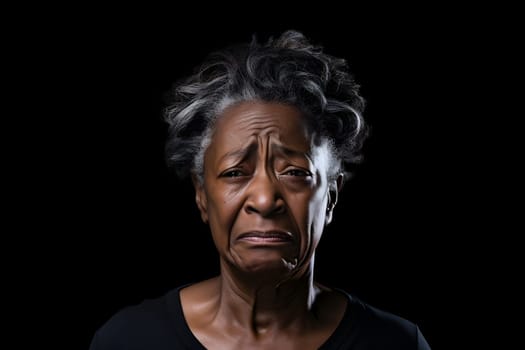 Crying senior African American woman, head and shoulders portrait on black background. Neural network generated image. Not based on any actual person or scene.