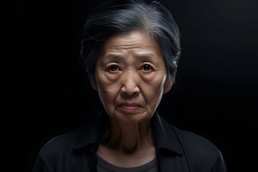 Mature grey-haired Asian woman portrait on black background. Neural network generated photorealistic image. Not based on any actual person or scene.