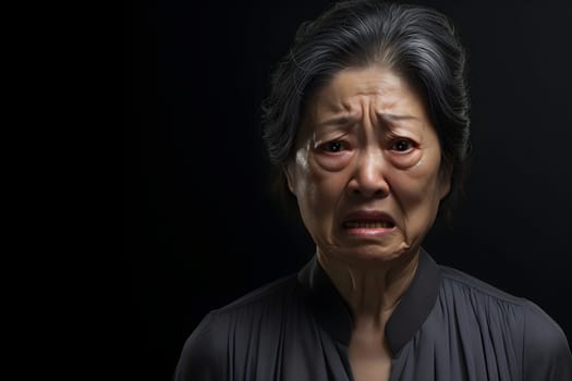 Disgusted mature grey-haired Asian woman portrait on black background. Neural network generated photorealistic image. Not based on any actual person or scene.