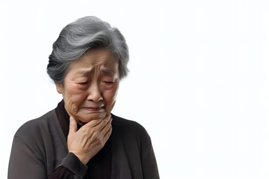 Sad crying Asian woman portrait on white background. Neural network generated photorealistic image. Not based on any actual person or scene.