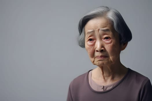 Sad crying Asian woman portrait on light-grey background. Neural network generated photorealistic image. Not based on any actual person or scene.