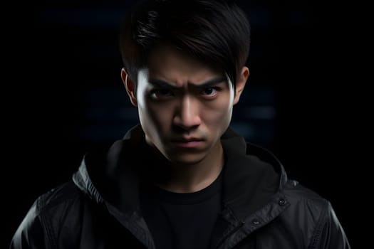 serious young adult Asian man, head and shoulders portrait on black background. Neural network generated photorealistic image. Not based on any actual person or scene.