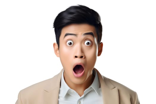 Surprised Asian young adult man on white background. Neural network generated image. Not based on any actual person or scene.