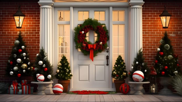 Christmas decorated house entrance, neural network generated image. Not based on any actual person, scene or pattern.