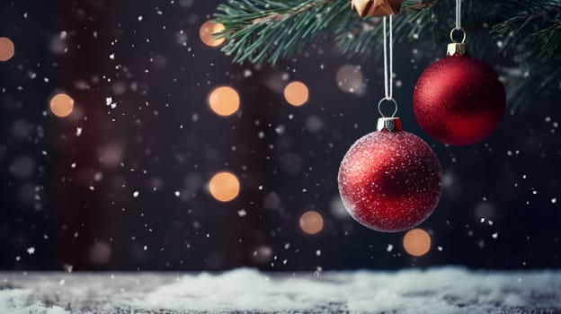 dark Christmas background with bokeh, snow and red balls hanging on spruce branch, neural network generated image. Not based on any actual scene or pattern.