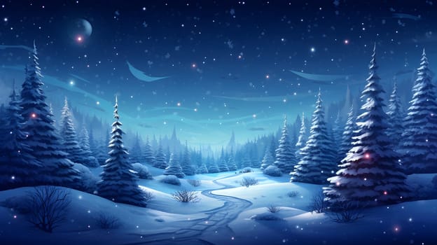 snow covered spruce forest with footpath between trees at snowy winter night in blue tones, neural network generated image. Not based on any actual scene or pattern.