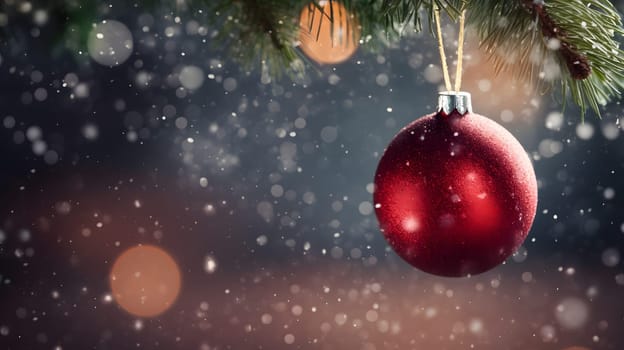dark Christmas background with bokeh, snow and red balls hanging on spruce branch, neural network generated image. Not based on any actual scene or pattern.