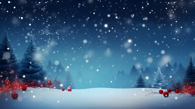 snow covered spruce forest at snowy winter night with red Christmas ball toys under the trees, neural network generated image. Not based on any actual scene or pattern.