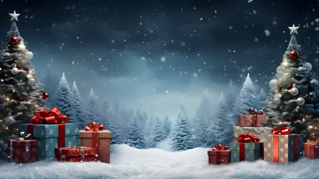 snow covered Christmas winter forest at night with gift boxes under spruce trees, neural network generated image. Not based on any actual scene or pattern.
