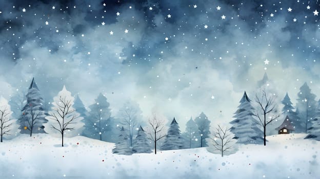 snow covered forest at misty snowy winter day in blue tones, neural network generated watercolor painting style image. Not based on any actual scene or pattern.