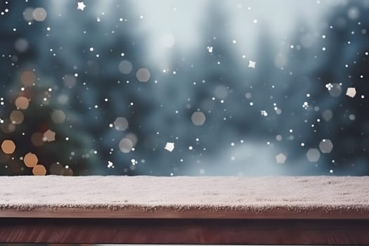 abstract bright snowy winter background with bokeh and snow covered horizontal surface, neural network generated image. Not based on any actual scene or pattern.