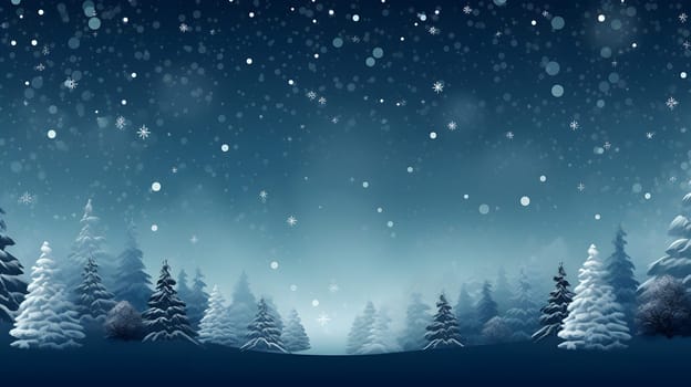 snow covered spruce forest at snowy winter in blue tones, neural network generated image. Not based on any actual scene or pattern.