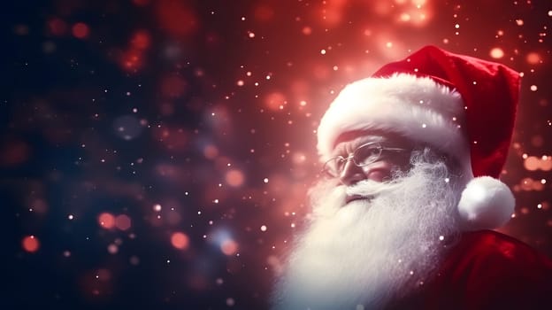 Santa Claus face closeup with defocused glitter bokeh copy space background, neural network generated image. Not based on any actual person, scene or pattern.