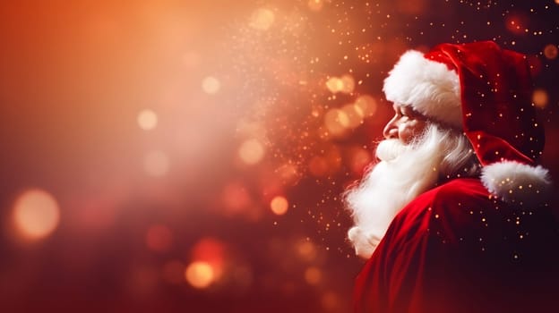Santa Claus face closeup with defocused glitter bokeh copy space background, neural network generated image. Not based on any actual person, scene or pattern.