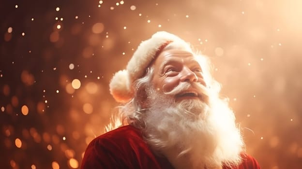 Santa Claus smiling face looking up, closeup with defocused glitter bokeh background, neural network generated image. Not based on any actual person, scene or pattern.